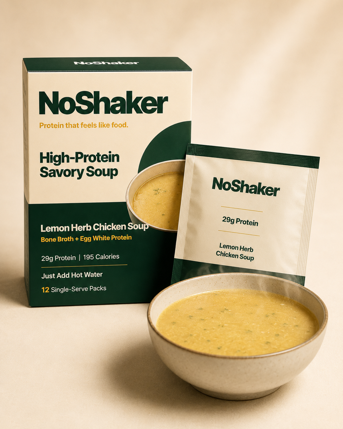 NoShaker product box with a single-serve sachet and a bowl of Lemon Herb Chicken Soup