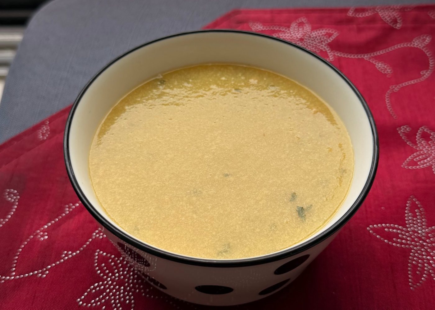 The finished NoShaker prototype soup in a bowl